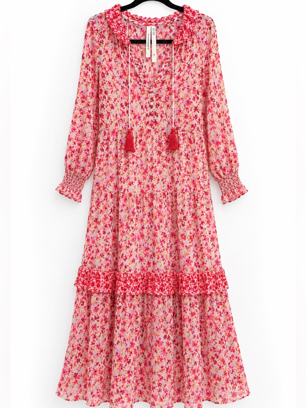Anthropologie Floral Tiered Maxi Dress Pink Boho Cottagecore Tassel Tie Medium